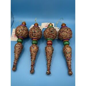 Gold‎ Glitter Jewel Detailed Teardrop Christmas Ornament NWT Set Of 4 Unique